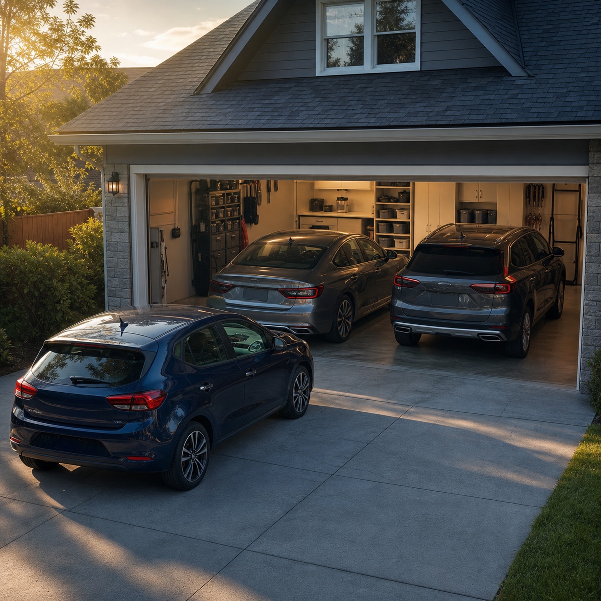 Three personal vehicles in a household garage and driveway
